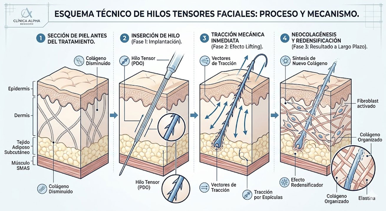 tratamiento con hilos tensores faciales. Esta técnica vanguardista y mínimamente invasiva no solo genera un efecto lifting inmediato